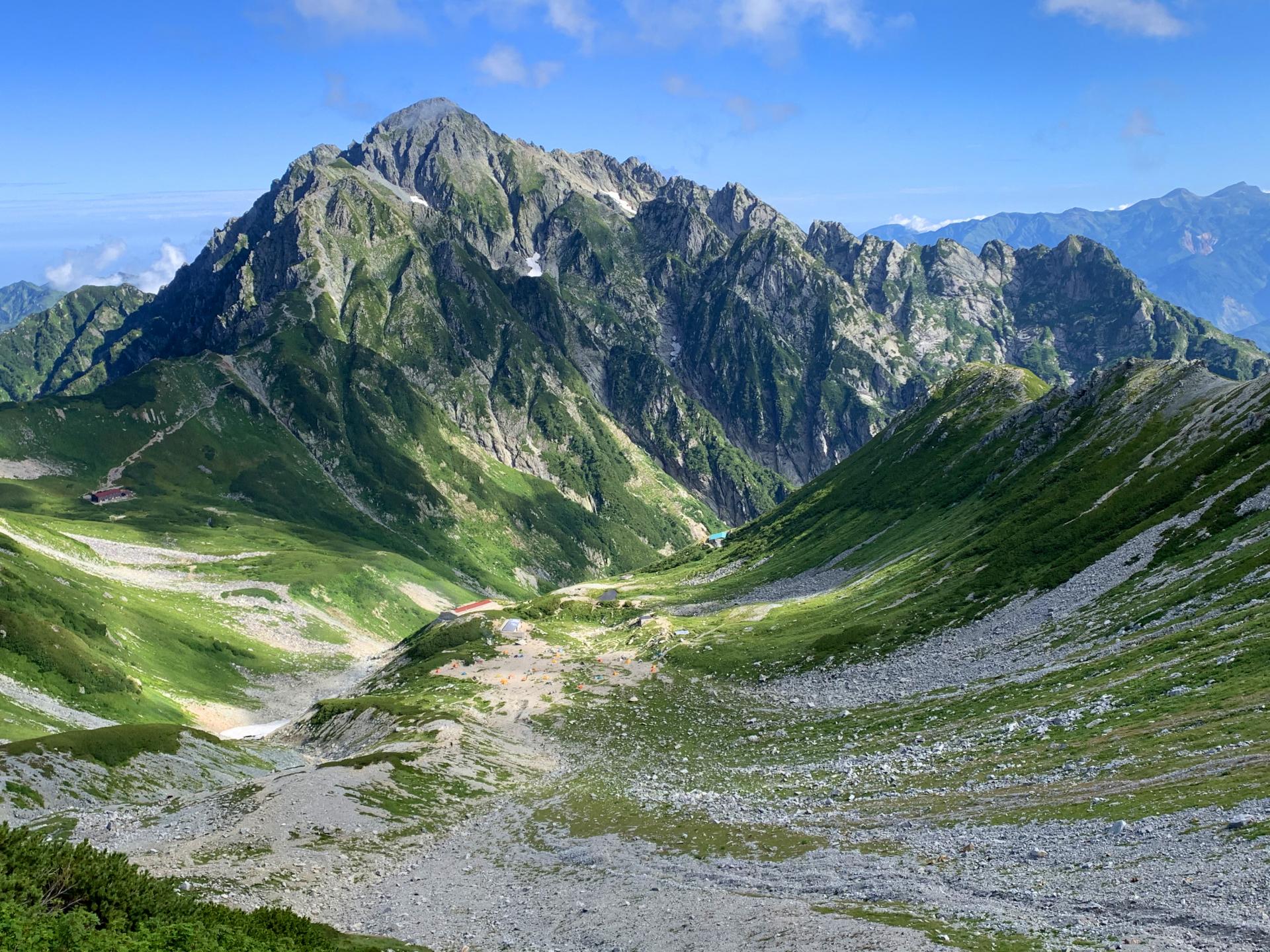 Steep steps on mountain path to the green alpine valley